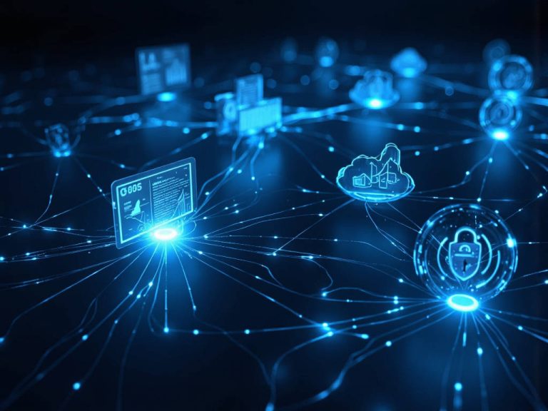 Infographie illustrant les tendances SaaS 2025 avec des icônes pour l'IA, la sécurité et la croissance du marché.